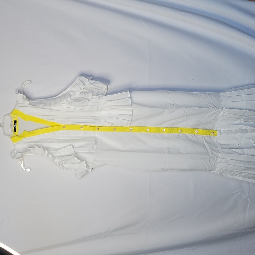 Banjul button down ruffle cold shoulder white yellow midi dress sz Medium